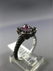ESTATE LARGE 2.46CT BLACK DIAMOND & SAPPHIRE 14KT WHITE & BLACK GOLD FLOWER RING