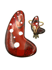 MATISSE 1950’s Vintage Red White Enamel Copper Earring & Brooch Parts Lot Of 2