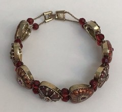 VIntage Monet Heart Bracelet Double Chain Strung Red Beads Bronze Hearts