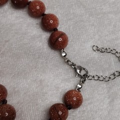 Vtg Goldstone 10mm beaded hand-knotted Necklace Stainless Steel Extender
