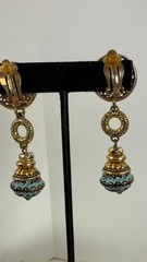 Vintage Gold Tone Clip On Earrings Turquoise Bead Ethnic Boho Dangle