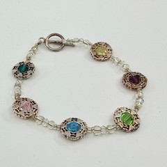 Multicolor Crystal Beaded Bracelet Silver Tone Boho Layering Statement Jewelry
