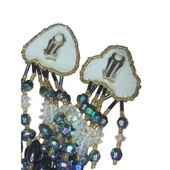 Vintage Black Gold Beaded Clip On Earrings Oversized Waterfall Chandelier