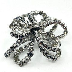 Brooch Vintage Silver Tone Layered Bow Smoky Rhinestone Statement Pin Accessory