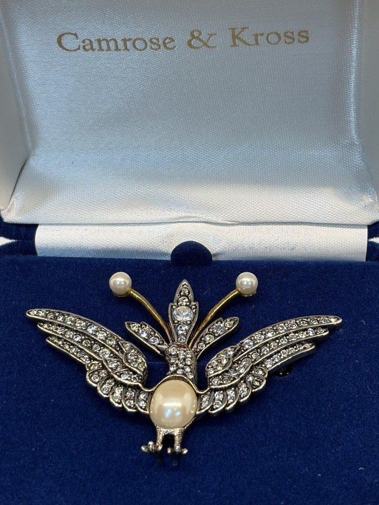 Camrose & Kross JBK Crystal Rhinestone Faux Pearl Bird Brooch Pin w Case and COA