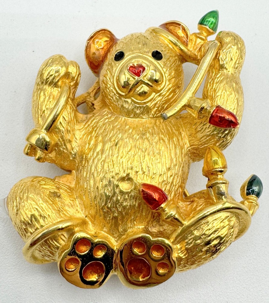 D4-5324 VINTAGE BROOCH SIGNED VERO GOLD TONE PIN 2″ CHRISTMAS ENAMEL TEDDY BEAR