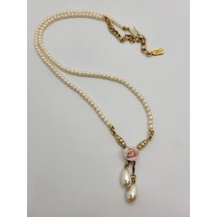 1928 Brand Pink Rose Pendant Necklace Faux Pearls Vintage Set Pierced Earrings