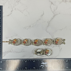 Vintage Thermoset Celluloid Cream Cabochons & Floral Bracelet & Clip on Earrings