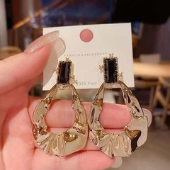 Gold Black Crystal Statement Earrings S925 Post Textured Teardrop Drop Earrings