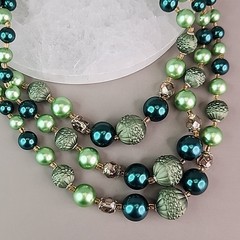 Vintage Beaded Necklace Green Triple Layered Acrylic Japan Choker 16″