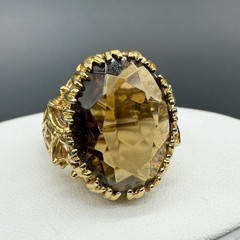 18K HGE Gold Tone Oval Faceted Brown Smoky Quartz Ornate Cocktail Ring Sz 4.75