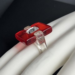 Modernist Lucite Ring Red Clear Rhinestone Size 8 Chunky Post Modern Statement