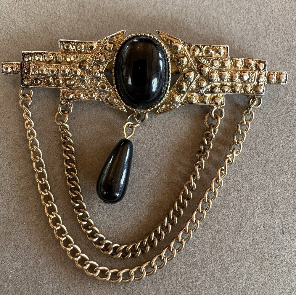 Vintage Goldtone Bar Brooch 2 Hanging Chains & 2 Black Stones Old Fastener