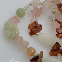 Vintage Beggars Bead Necklace Semi Precious Gemstones 31″ Pink Green Clear