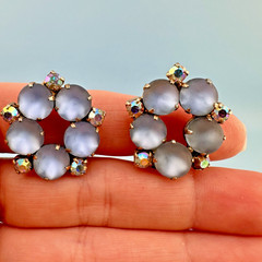 Vintage Clip On Earrings Baby Blue AB Rhinestone Frosted Glass Cabochon Stones