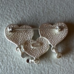 Triple Heart w/ Rhinestone Dangles Enameled 2″ Brooch Signed AJMC