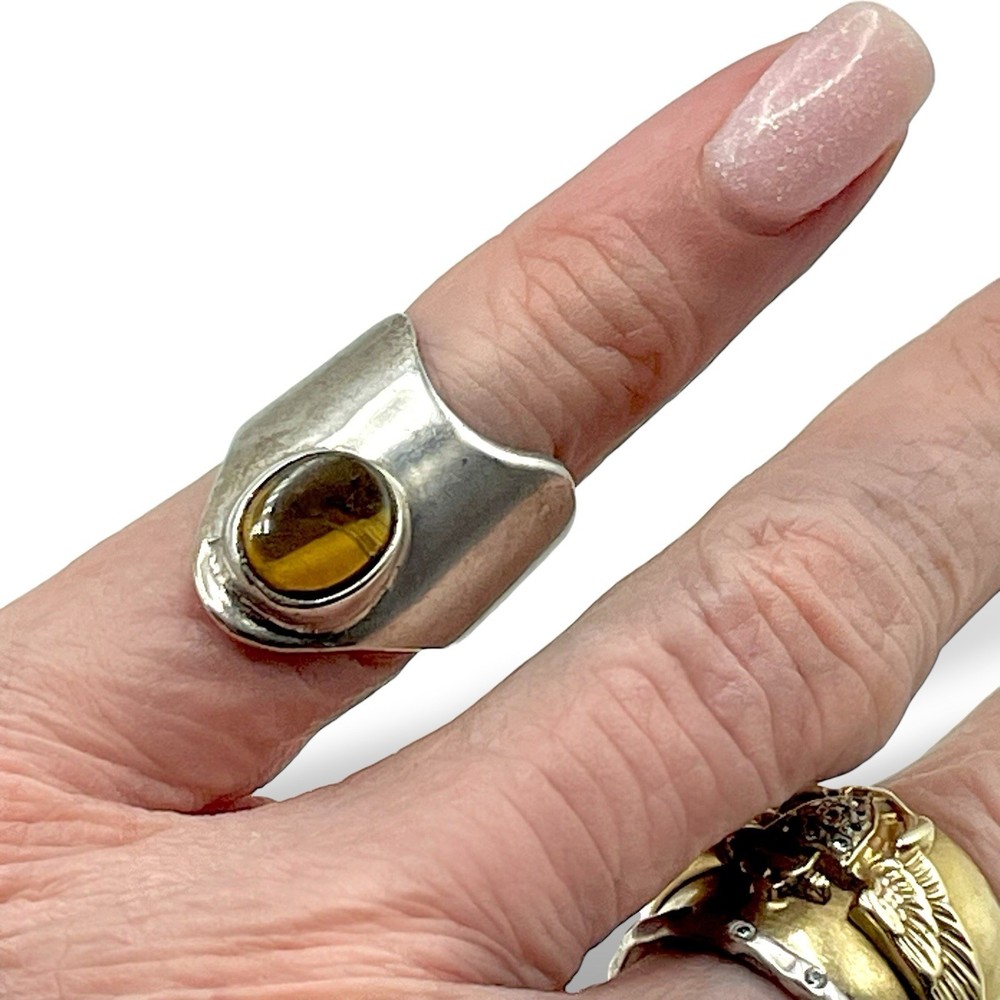 Vintage Sterling Silver Modernist Bezel Set TIGERS EYE Pinkie Ring 4.50 EUC