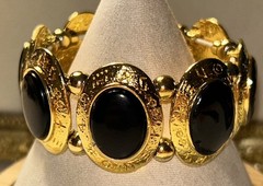 Vintage LCi Liz Claiborne Gold Black Cabochon Stretch Bracelet Runway 80s Glam