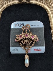 NEW 1928 Nickel Free Basket Brooch With Pink Rhinestones And Faux Pearl