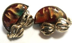 VINTAGE SIGNED CORO FAUX FIRE OPAL IRRIDESCENT ART GLASS EARRINGS, MCM CLIP ON