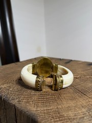 Antique Brass Buffalo Bone Cuff Bracelet Green Malachite Accent