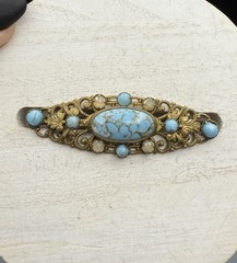Czech Vintage Turquoise Blue Glass Cabochon Brass Filigree Brooch Pin 2.25”