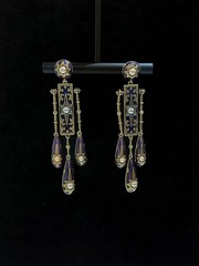 Vintage Blue Enamel Drop Earrings Pearl Gold Tone Dangle Statement Baroque