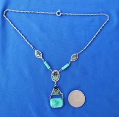 ORIGINAL Art DECO 1920 CZECH GREEN PEKING GLASS ENAMEL FILIGREE Rhodium NECKLACE