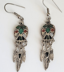 Vintage Thunderbird Enamel Feather Dangle Silver Tone Earrings 2.25″