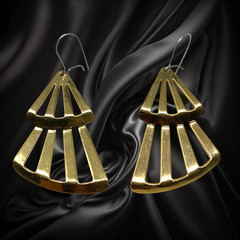 Vintage 80s Gold Tone Double Fan Dangle Earrings Geometric French Wire Art Deco