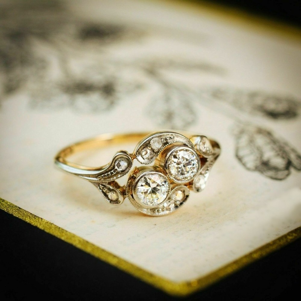 Art Deco Bezel Set Lab Created Diamond Toi Et Moi Vintage Wedding925 Silver Ring