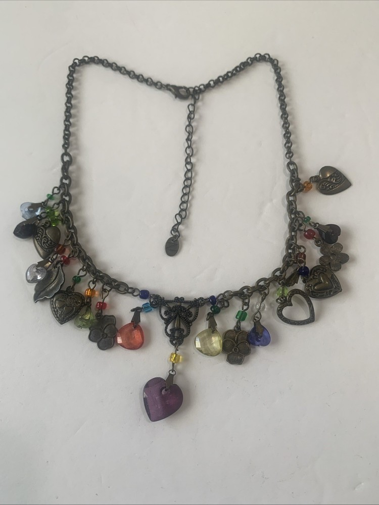 Vintage brass antique tone metal chain cluster bead necklace heart Charms. N61