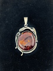 Natural Baltic Amber Organic Fossil 925 Silver Vintage Large Pendant Latvia 70s