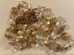 Vtg Miriam Haskell Signed Faux Pearl Lucite Ornate Russian Gold Beaded Necklace