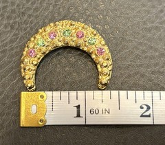 Vintage 80s Gold Tone Crescent Moon Pin Brooch Pink Green Rhinestones Celestial