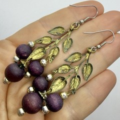 Vtg Big Art Nouveau Brass Leaves Chandelier Burgundy Bead Statement Earrings