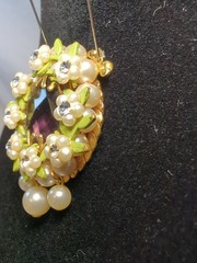 Vintage Wreath Pendant Necklace Delicate Pearl Flowers Amethyst Green Enamel