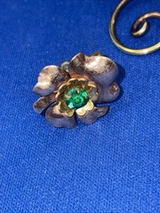 Vintage Gold & Rose Tone Flower Green Rhinestones Brooch & Earrings Set 1/20 12k