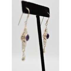 Vintage 925 Sterling Silver Dangle Drop Earrings Purple Cabochon Signed Bin4