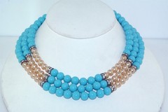 Vtg Turquoise Glass Faux Pearl Rondell 3 Strand 16″ Choker Necklace Unsigned
