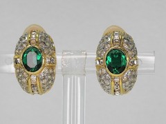 Vtg LES BERNARD Domed Earrings Clear Crystals & Faux Center Oval Green Emerald