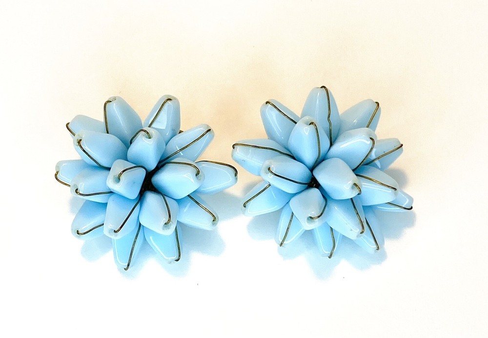 Vintage West Germany Sky Blue Glass Bead Clip On Earrings Fabulous!
