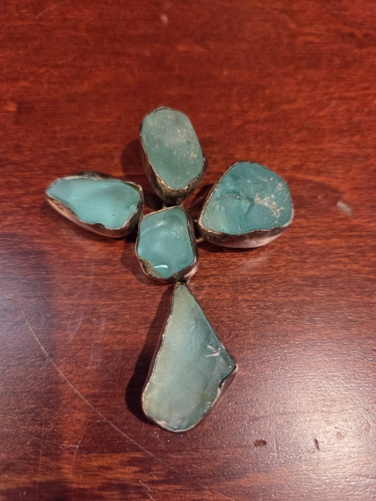 Vtg Israel Sterling Silver Roman Glass Cross Brooch Pin Pendant Aqua Blue 925