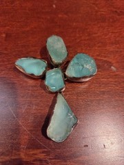 Vtg Israel Sterling Silver Roman Glass Cross Brooch Pin Pendant Aqua Blue 925