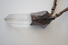 Artisan Created NECKLACE of Leather Wrapped Quartz Point and Purple Amethyst
