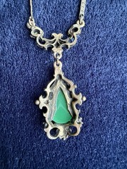 Vintage Art Nouveau Revival Green Cabochon Brass Costume Necklace