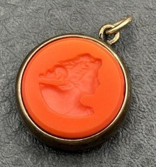 Vintage Extasia Orange Faux Coral Intaglio Cameo Pendant Gold Tone Charm