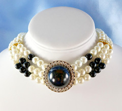 Vintage Faux Pearl Necklace Black White Beaded Multi Strand w/ Crystals