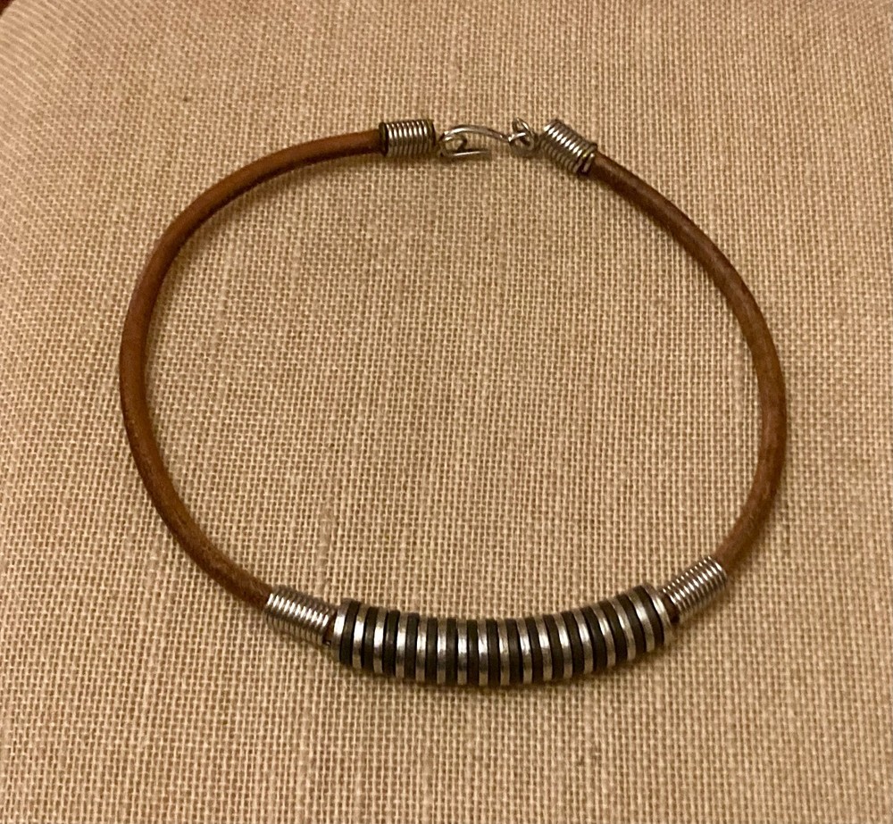Vintage Artisan Necklace Leather Cord 14″ Choker Ethnic Tribal
