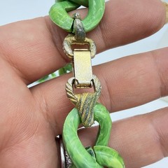 Vtg Marbled Celluloid Link Necklace Faux Green Jade Fancy Clasp